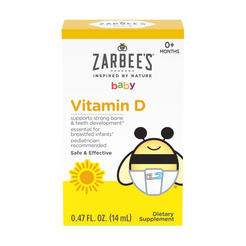 Zarbee's Vitamin D Drops for Infants, 400IU (10mcg) Baby & Toddler Liquid Supplement, Newborn & Up, Dropper Syringe Included, 0.47 Fl Oz - Image 1